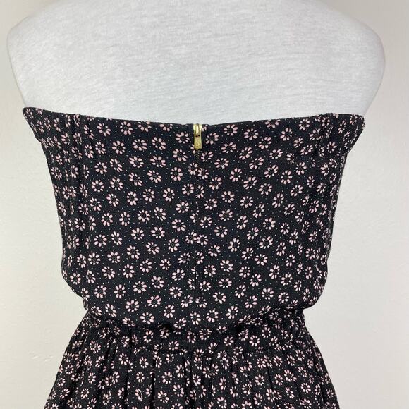 Sandro Sz 3 Black and Pink Floral Strapless High Waist Mini Dress w Pockets - Picture 5 of 13